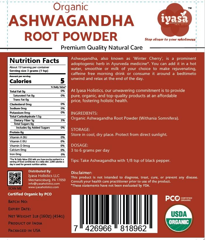 Iyasa Holistics Organic Ashwagandha Powder 16 oz – Natural Superfood Powder to Support Calm, Vitality & Mental Clarity – Withania Somnifera Root Traditional Ayurveda Products