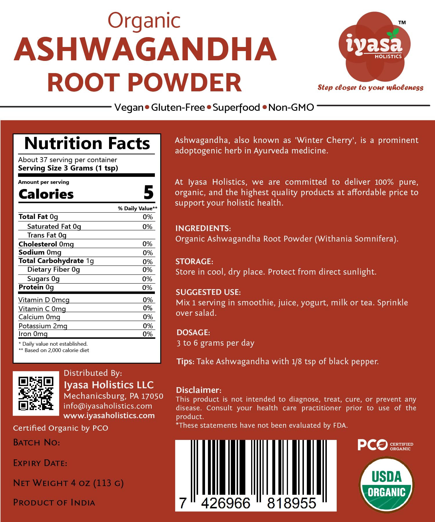 Iyasa Holistics Organic Ashwagandha Powder 16 oz – Natural Superfood Powder to Support Calm, Vitality & Mental Clarity – Withania Somnifera Root Traditional Ayurveda Products